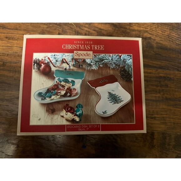 Spode Christmas Tree Stocking Candy Trinket Dishes Set of 2 Red & Green Small 7" - Picture 1 of 7